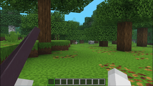 Player holding shield in forest scene.
