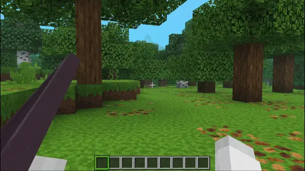 Player holding shield in forest scene.