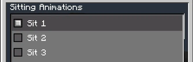 Sitting animations menu options.