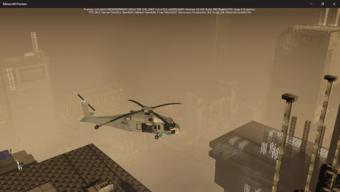 Gray helicopter flying over blocky cityscape