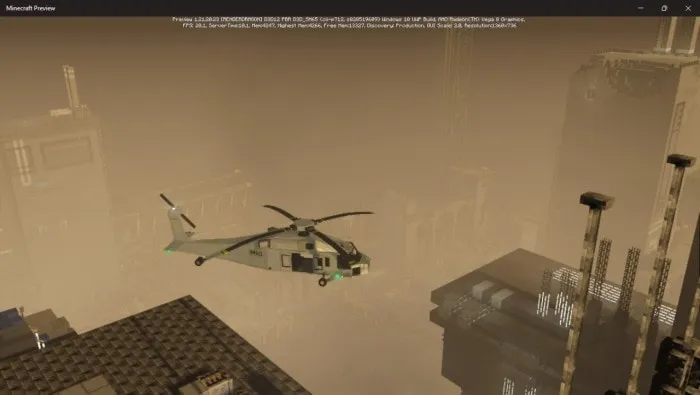 Gray helicopter flying over blocky cityscape