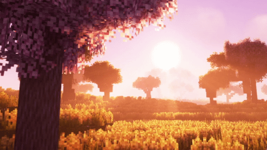 Sunset over a vibrant, pixelated meadow