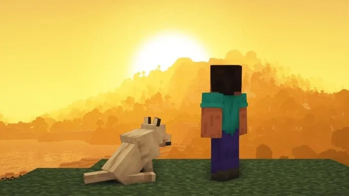 Blocky character and wolf watch sunset glow