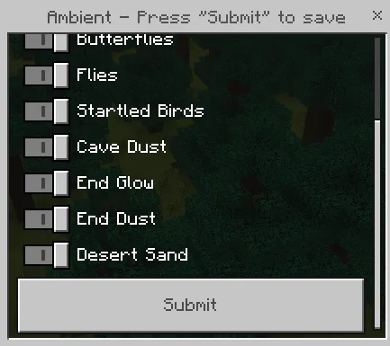 Toggle menu for ambient shader effects