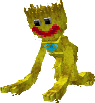 A blocky yellow creature with a red smile.
