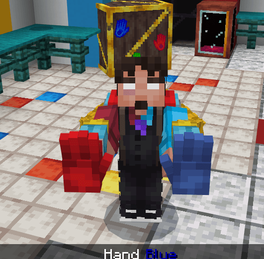 Character with red and blue hands.