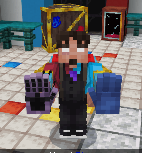 Minecraft character with colorful gloves.