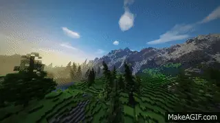 Realistic mountains, trees, and clouds.