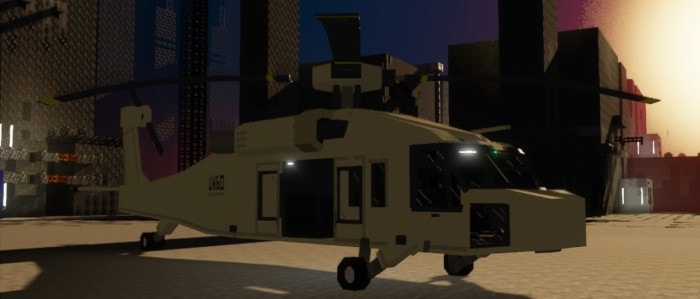 Blocky cargo helicopter in urban sunset scene