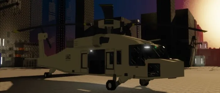 Blocky cargo helicopter in urban sunset scene