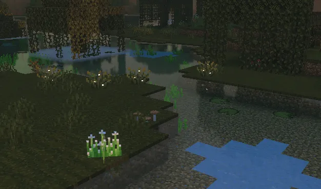 Pixelated swamp with lush foliage.