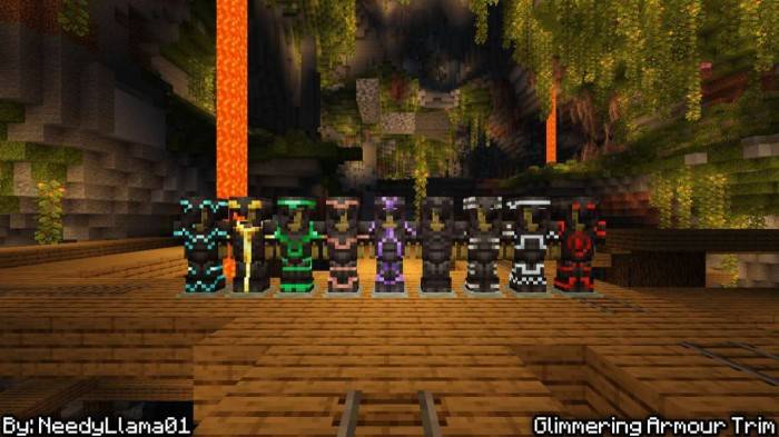 Glowing armor trims displayed on stands.