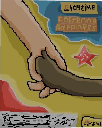 Pixel art of a hand holding a plush toy.