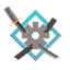 Sword emblem with gear and diamond shape.