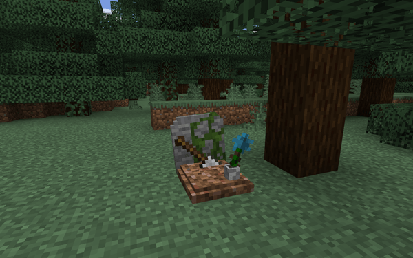 Gravestone with items and flower in forest