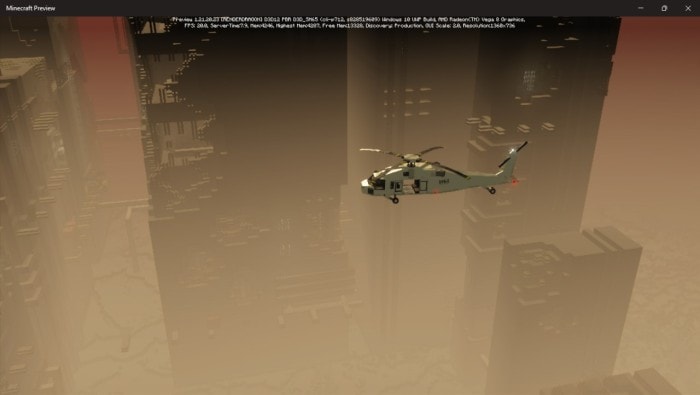 Helicopter flying between tall blocky towers