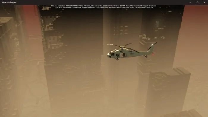 Helicopter flying between tall blocky towers