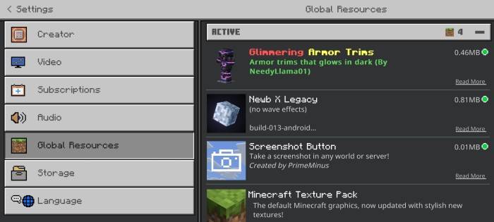 Resource pack menu with active mods