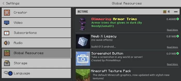 Resource pack menu with active mods