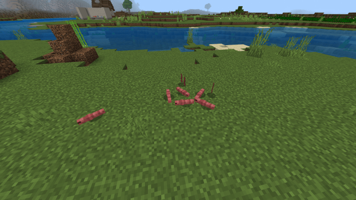 Minecraft worms on grassy terrain.