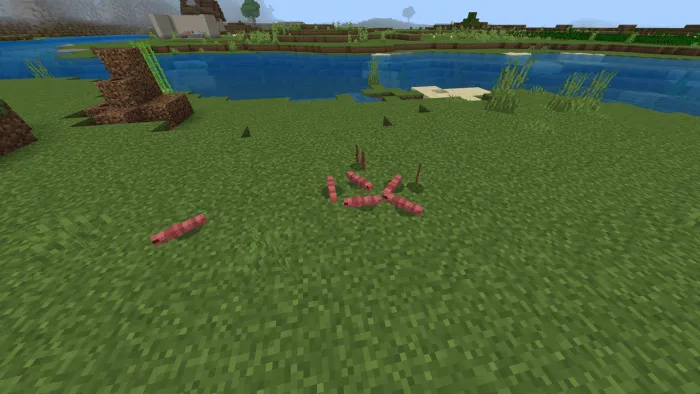 Minecraft worms on grassy terrain.