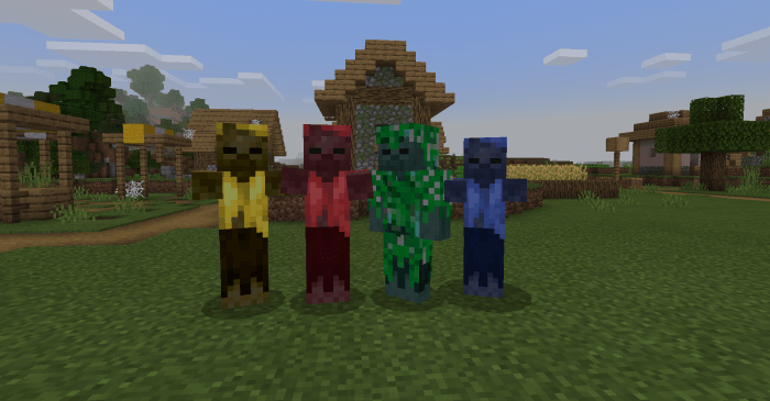 Four colorful zombies in a village.