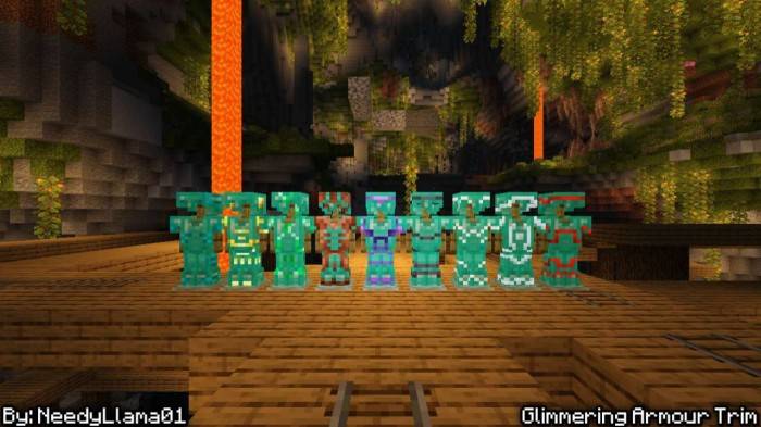 Glowing armor trims displayed in cave.