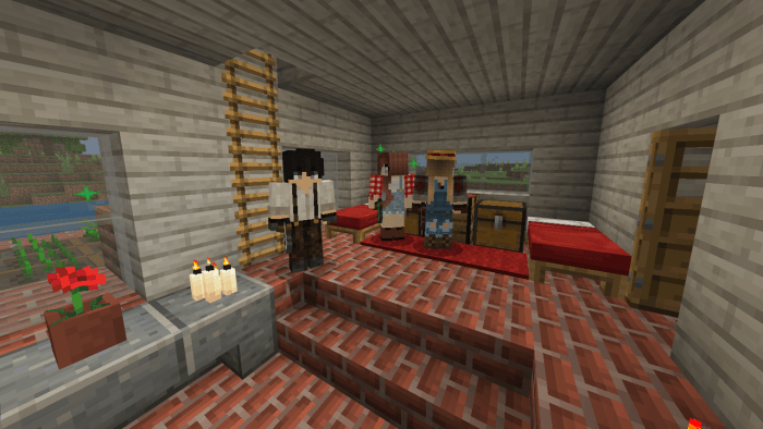 Minecraft characters in a farm cabin.