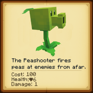 Blocky Peashooter plant with stats display