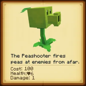 Blocky Peashooter plant with stats display