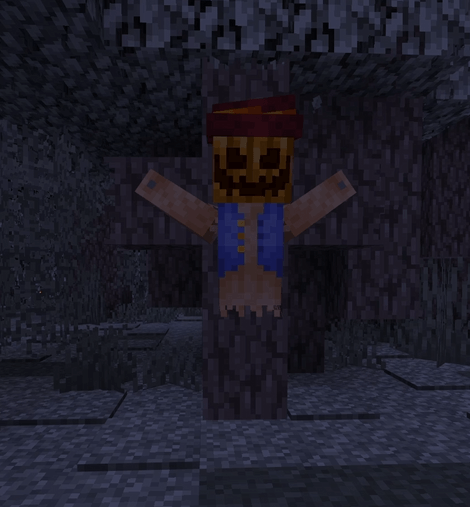 Pumpkin-headed scarecrow in eerie cave