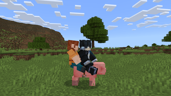 Two players riding a pig together in-game