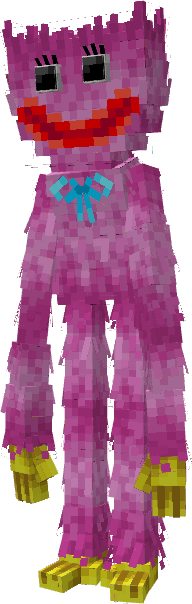 Blocky pink creature with wide smile.