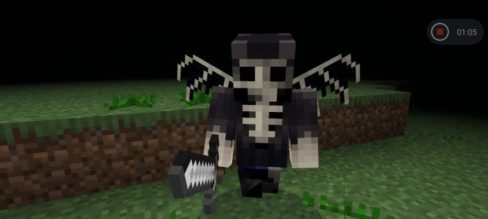 Pixelated skeleton with wings.