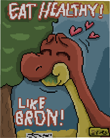 Cartoon dinosaur eating broccoli happily.