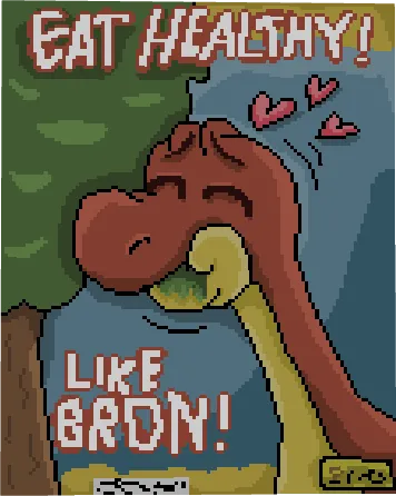 Cartoon dinosaur eating broccoli happily.