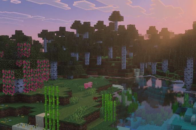 Sunset over lush blocky forest scene.