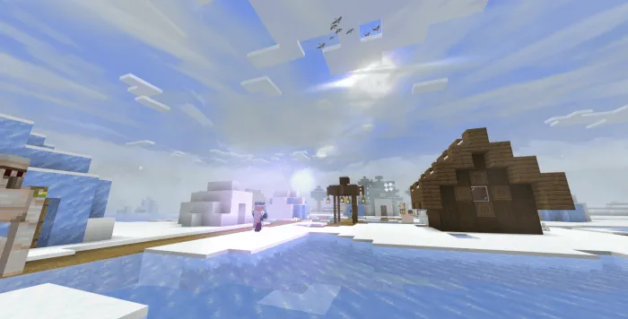 Snowy village with realistic skies and sun