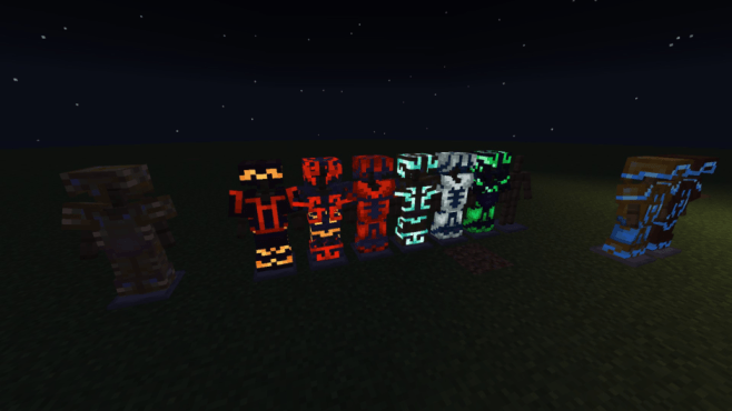 Glowing armor trims displayed at night.