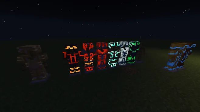 Glowing armor trims displayed at night.