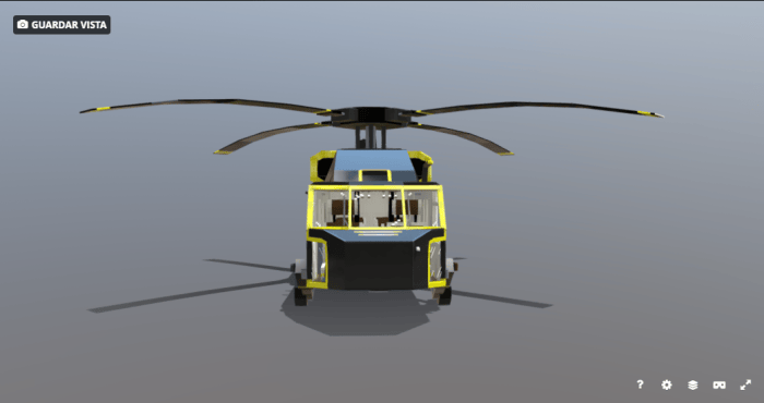 Yellow and black blocky helicopter front view