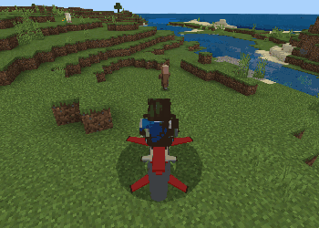 Character rides a flying bike over grassy terrain