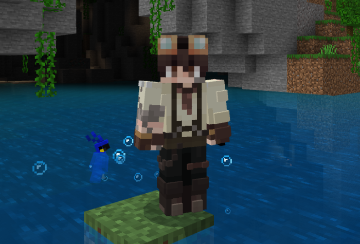 Player with 3D skin on water platform.