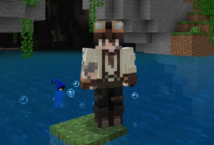 Player with 3D skin on water platform.