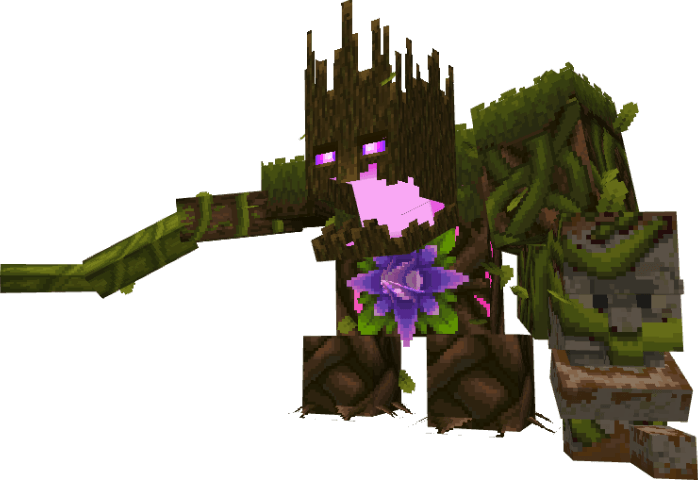 Wooden golem with glowing purple core.