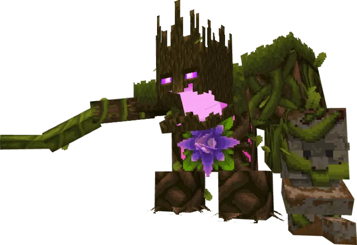 Wooden golem with glowing purple core.