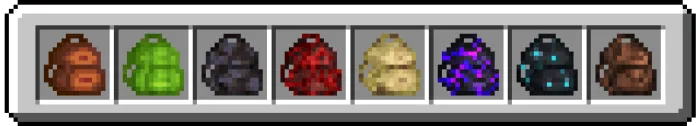 Eight colorful pixelated backpacks.