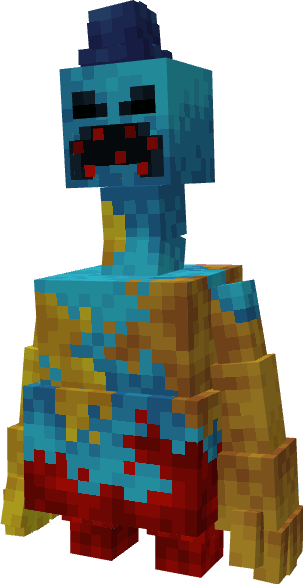Blocky blue character with red shorts.