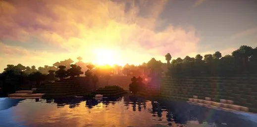 Vivid sunset over a blocky lake and forest