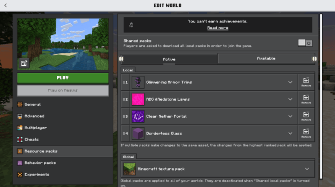 Texture pack selection screen.